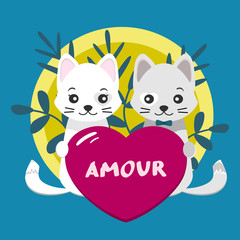 Valentine's day card. Young cute couple, white, gray cat and pink heart over blue background. Vector illustration for greeting card or poster.