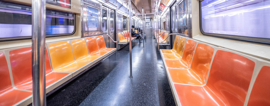 NEW YORK CITY - DECEMBER 2018: Interior of New York City subway train, wide angle view