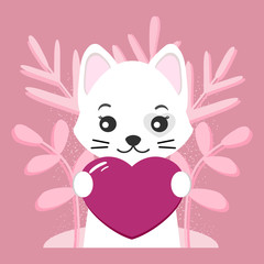 Valentine's day illustration. Cute white cat and heart on an isolated pink background. Vector illustration for greeting card or poster.