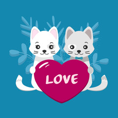 Valentines day card. Young cute couple, white, gray cat and pink heart over blue background. Vector illustration for greeting card or poster.