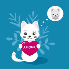 Valentine's day illustration. Cute white cat and heart thinking of his beloved on an isolated blue background. Vector illustration for greeting card or poster.