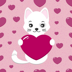 Valentines day card with cute, white cat and pink heart on pink background. Vector illustration for greeting card or poster.