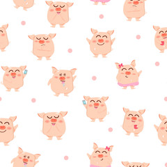 Obraz premium Cute pig, seamless pattern, cartoon character kids collection background fabric texture vector illustration