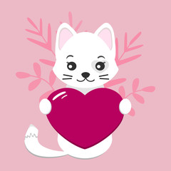 Valentine's day card with a cute, white cat and heart on an isolated pink background. Vector illustration for greeting card or poster.