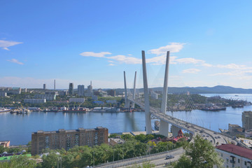 Golden bridge of Vladivostok seascape overlooking the landmark of the city image in Vladivostok Russia