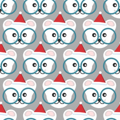 Beautiful vector seamless pattern of a little bear cub in a Christmas hat.