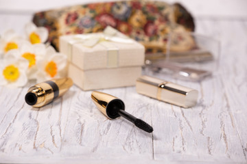 Beautiful Vintage Cosmetic Bag, Mascara and Lipstick