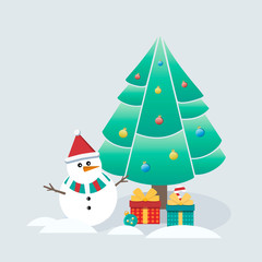 Cute vector illustration of a little snowman under the Christmas tree with gifts on a gray background, used for posters, banners, etc.