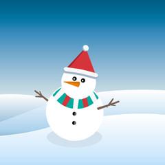 Cute vector illustration of a funny snowman in a Christmas cap on the background of a winter landscape.