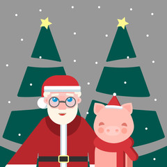 Vector illustration with Santa and a little cute pig with pink cheeks in a red scarf on a gray background. Symbol of the year 2019.