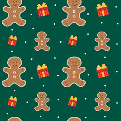 Beautiful bright seamless pattern. Vector small and big gingerbread man with gifts on a green background of falling snow.