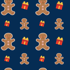 Beautiful bright seamless pattern. Vector small and big gingerbread man with gifts on a blue background.