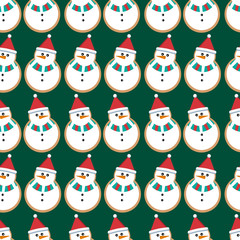 Vector seamless Christmas pattern with cookies in the shape of a snowman on a green background.