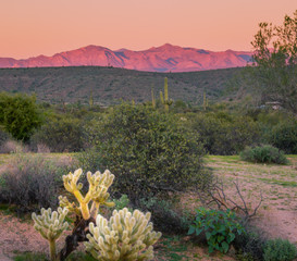 The Arizona desert mountains turn a deep reddish, orange and purple hue as the sun sets and the sky turns a soft peachy orange. Landscape photos of the desert at sunset shows a quiet and solitude 