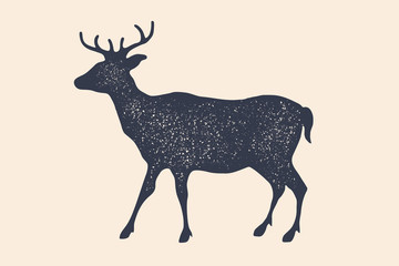 Deer, silhouette. Vintage logo, retro print, poster
