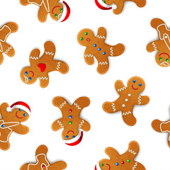 Vector seamless background with realistic christmas gingerbread mans, decorated with icing, on white background