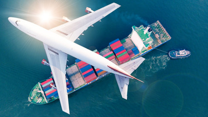 Aerial view logistics and transportation of Container Cargo ship and Cargo plane  for import export and transportation background.