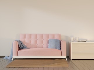 White couch with a pillow and blanket. Home interior design. 3D rendering.