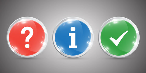 Glossy Rounded Buttons with Check Mark, Question Mark and Information Sign