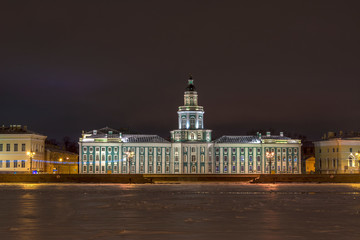 View of Vasilievsky island in St. Petersburg, Russia on a winter night.