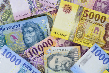 Fototapeta na wymiar Different Hungarian banknotes, 1-5-10 and 20 thousand HUF. Europe Hungary.