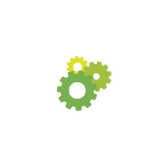 Gears icon isolated on white. Combination of three green pinions one behind other.