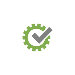 Green gear with grey tick icon. Vector flat illustration for technology or innovation.