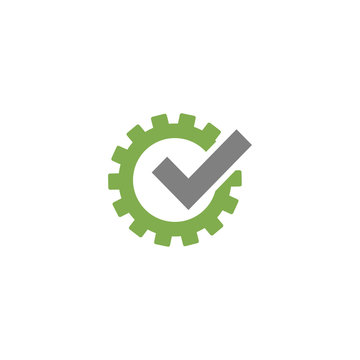 Green Gear With Grey Tick Icon. Vector Flat Illustration For Technology Or Innovation.