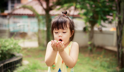 Asian little girl blowing leaves.