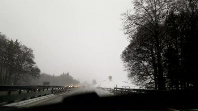 Driving on the highway in winter snow weather