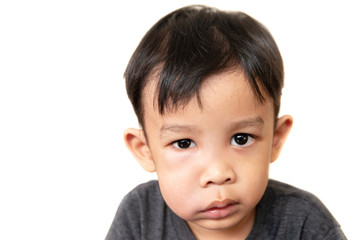 swollen face  of asian kid suffering from health problem and aching tooth, showing dissatisfaction. dental concept.