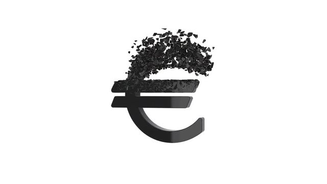 Fractured Euro value 3d model with disappearing effect. Financial crisis concept. Available in FullHD and HD video.