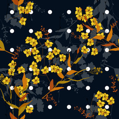 Blooming wild floral memphis print. Vector illustration. Trendy polka dots seamless pattern with bohemian hand drawn flowers.