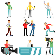 Journalists at work set, reporters and cameramen shooting and interviewing people creating tv broadcast vector Illustrations
