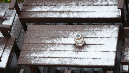 Winter snow desk chairs and glass bottle decoration