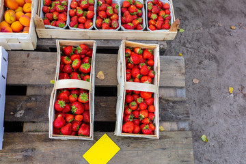 Erdbeeren im Korb, Markt, frische Ware, frisch geerntet, verkauf von palette ernte geerntet...