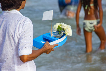 boat with offerings for iemanja, in Copacabana in Rio de Janeiro
