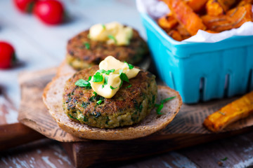 Tofu Burger with Sweet Potatoes. selective focus