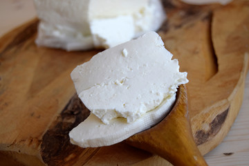 Cottage cheese is classical dairy product. It is made of milk of mammals. Pieces of cottage cheese are in a wooden spoon.