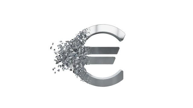 Fractured Euro value 3d model with disappearing effect. Financial crisis concept. Available in FullHD and HD video.