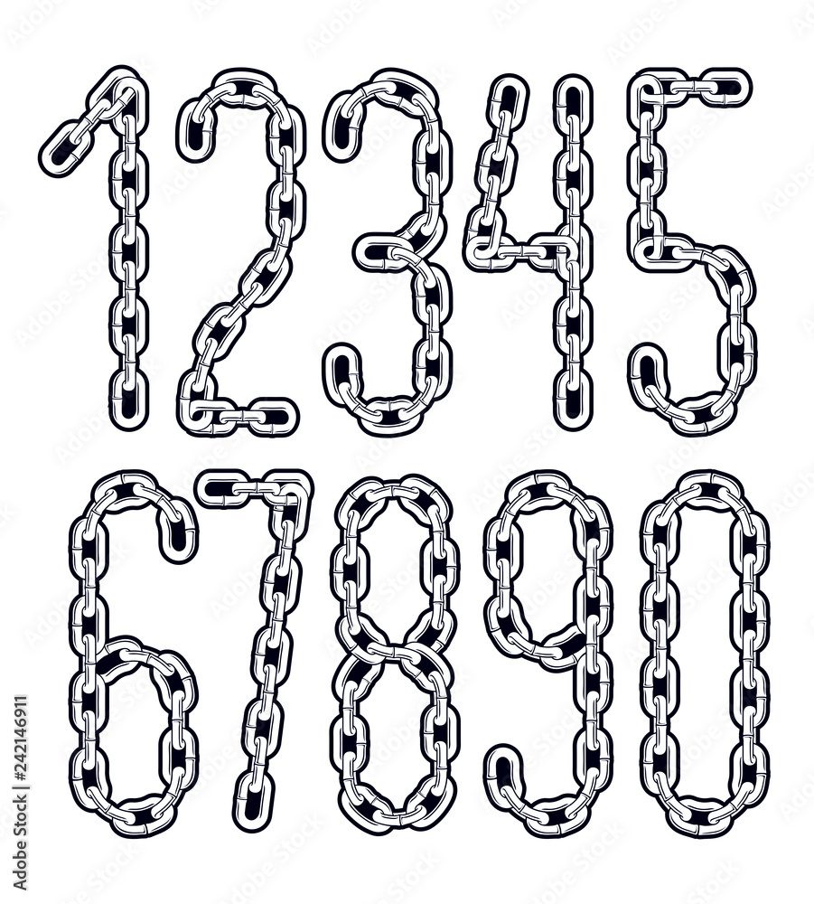 Poster Set of vector numbers from 0 to 9. Cool numerals for use as poster design elements. Created using connected chain link.