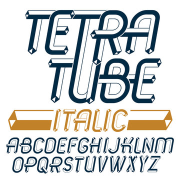 Vector upper case modern alphabet letters set. Artistic italic font,  typescript for use in logo creation. Created with carton tube style,  trigonometry design.