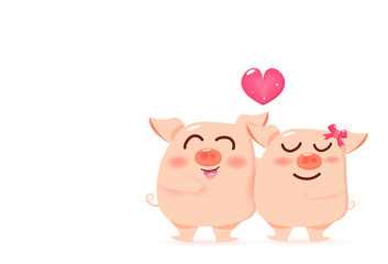 Pig loving couple with heart, mascot Valentines day, happiness cute cartoon character vector illustration on white background