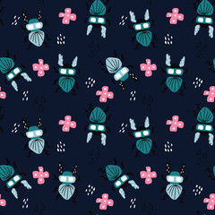 vector seamless background patterns in Scandinavian style,cartoon cute bugs characters  and elements for fabric design, wrapping paper, notebooks covers