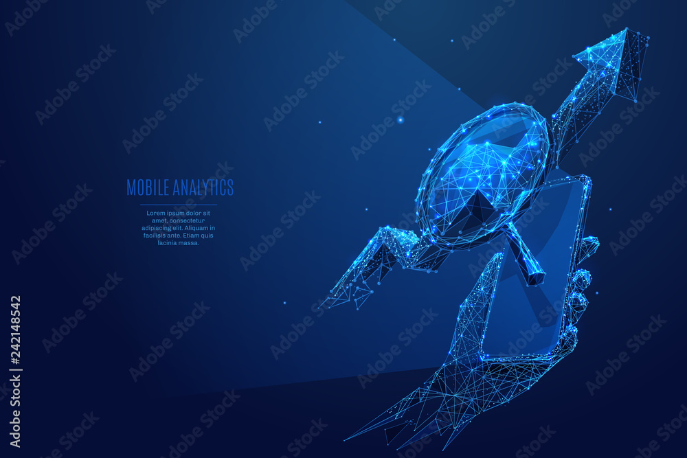 Poster magnifying arrow and smartphone low poly