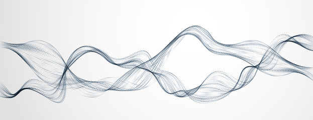 Dynamic particles mutual sound wave flowing. Double dotted curves vector abstract background. Beautiful 3d wave shaped split array of blended points.