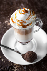Perfect cup of coffee with caramel syrup