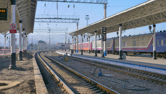 Trans Siberian railway track platform landscape view in Russia