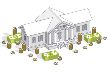 Bank building with cash money dollar pile and coin stack cartoon isolated over white background. Vector 3d isometric business and finance illustration, thin line design.
