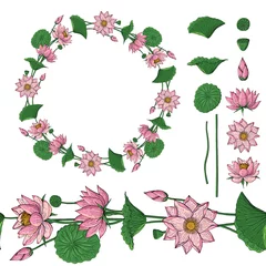  Wreath and seamless brush from lotus flower, botanical design elements © akini